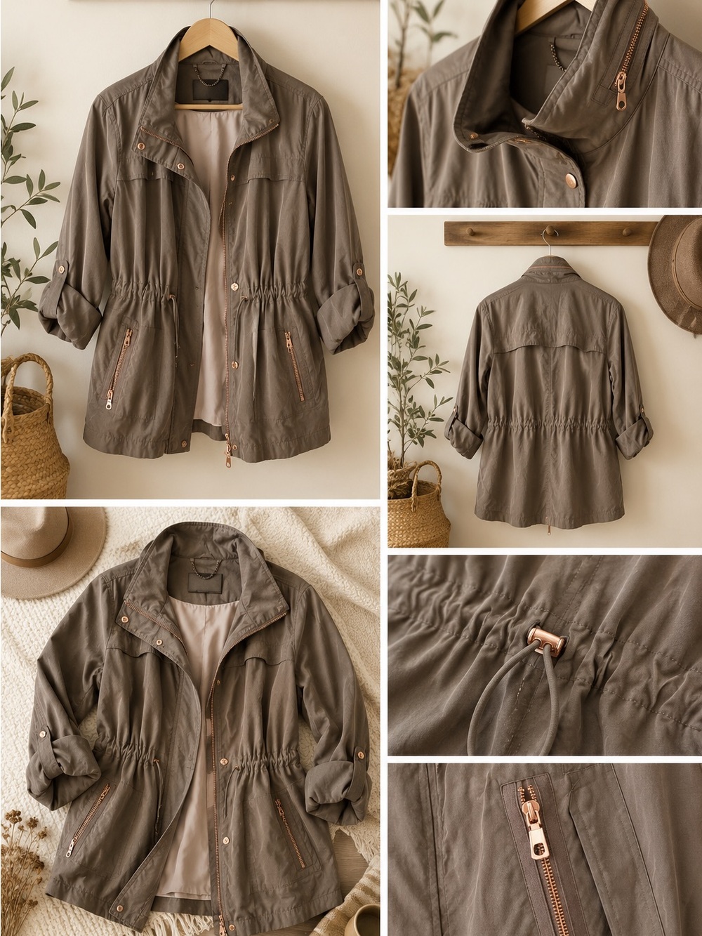 Lightweight Mushroom Utility Jacket with Drawstring Waist With Rosegold Hardware